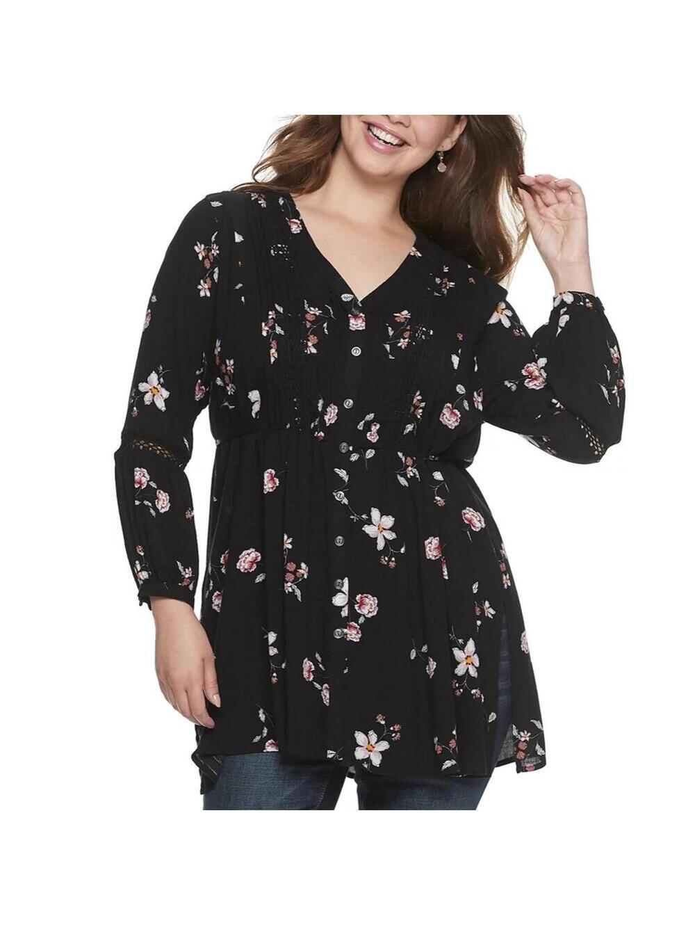 American Rag Tunic Top 1X Boho V-neck Crochet Long Sleeve Black Pink Floral NEW